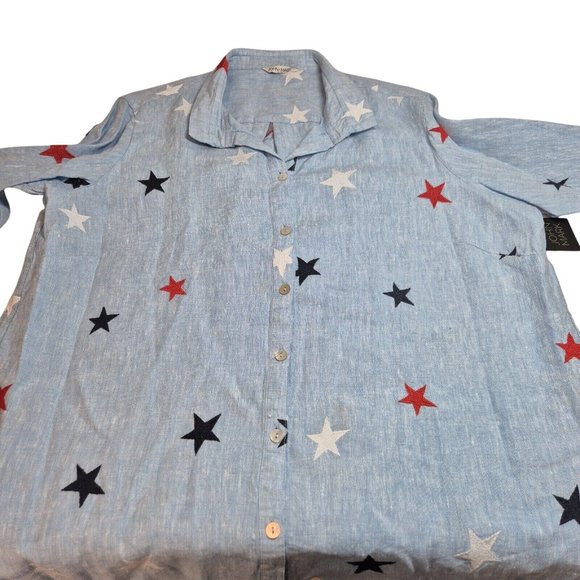 John Mark Women's Size 2X Linen Shirt Top 4th of July Star Embroidered Blue (42) - Picture 4 of 13